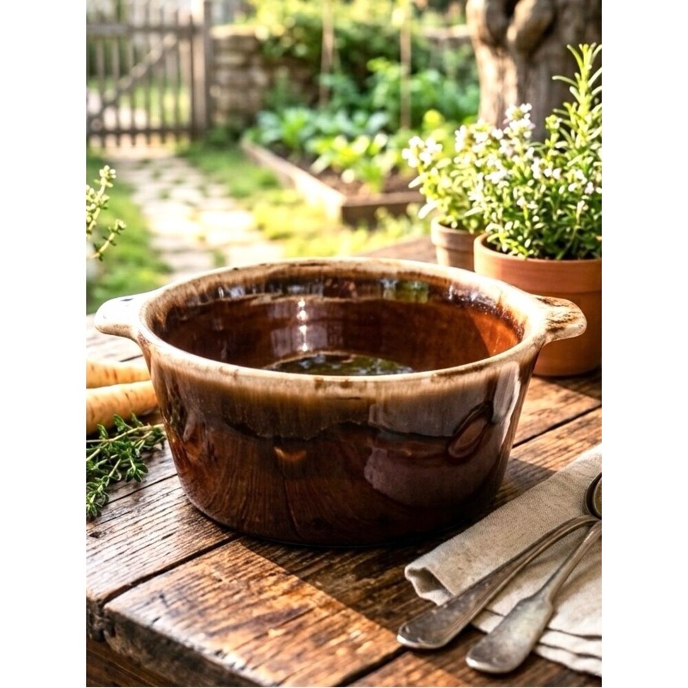 Vintage McCoy MCP USA Brown Drip Glaze Ceramic Casserole Dish Bowl with Handles